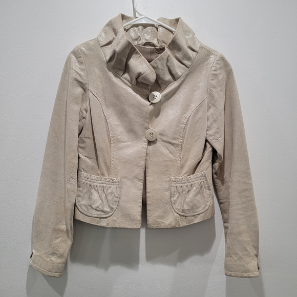 Danier Beige Leather Jacket with Button Detail - Picture 1 of 5